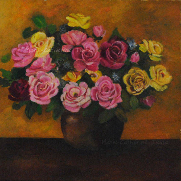 Bouquet de fleurs roses et jaunes - Huile sur toile - Marie-Catherine Testa