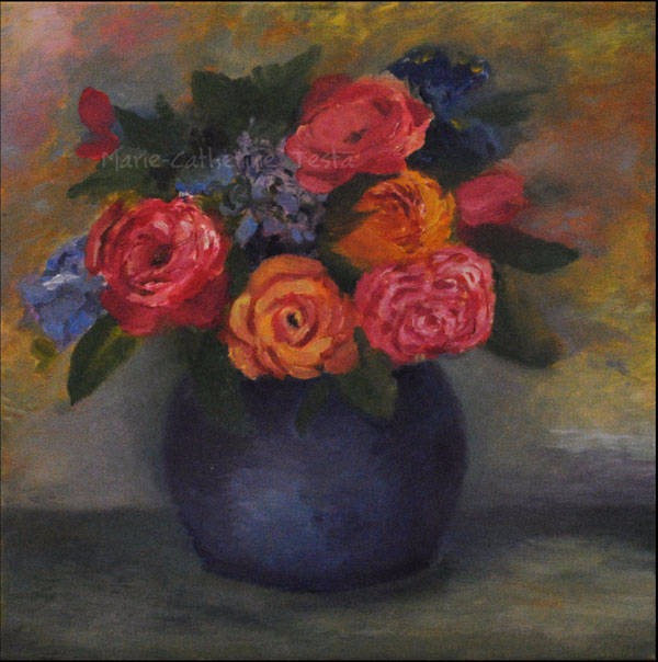 Bouquet de fleurs vase bleu - Huile sur toile - Marie-Catherine Testa
