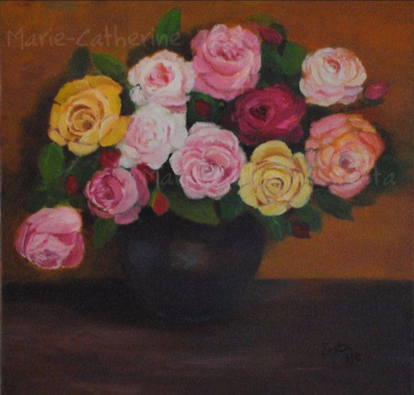 Bouquet de roses et boutons - Huile sur toile - Marie-Catherine Testa