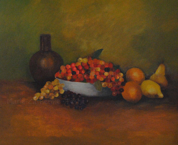 Nature morte bouteille et fruits - Huile sur toile - Marie-Catherine Testa