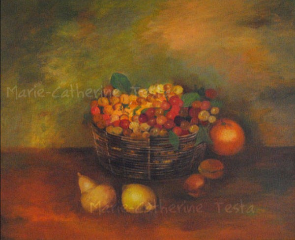 Nature morte panier de cerises - Huile sur toile - Marie-Catherine Testa