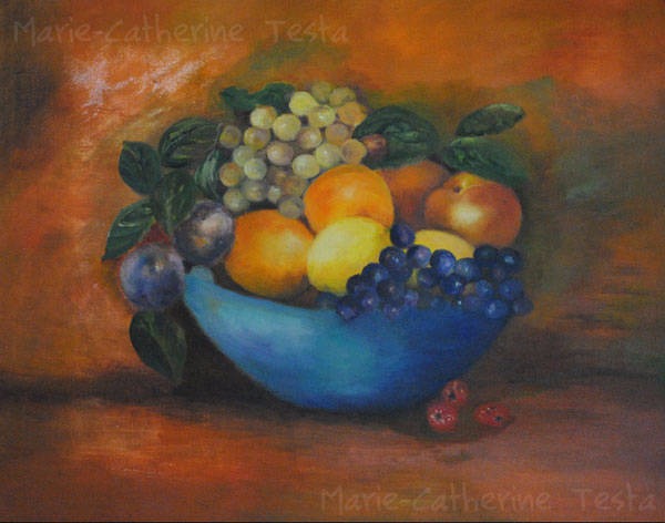 Nature morte corbeille bleue - Huile sur toile - Marie-Catherine Testa