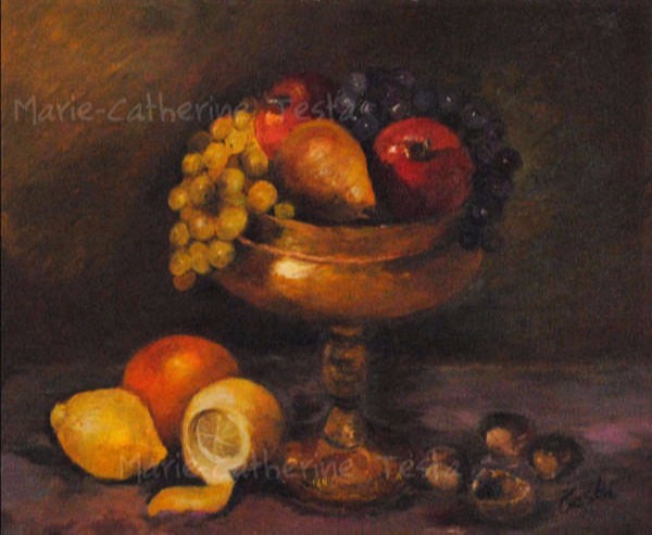 Nature morte coupe, agrumes et raisins - Huile sur toile - Marie-Catherine Testa