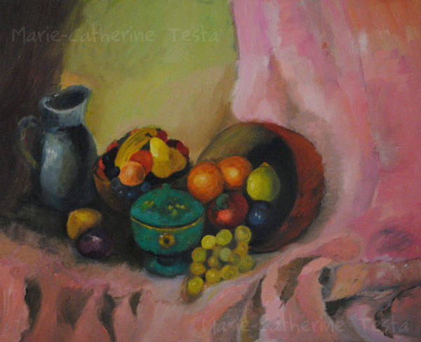 Nature morte cruche et boîte bleue - Huile sur toile - Marie-Catherine Testa